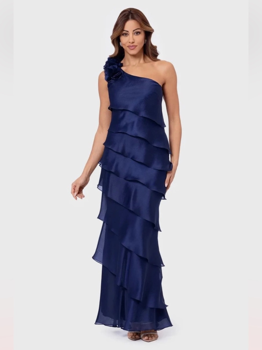 Organza One Shoulder Sleeveless Navy Tiered Ruffle Long Gown